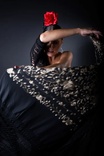 Young flamenco dancer in beautiful dress on black background. — Stock Photo, Image