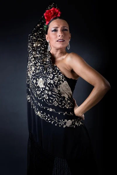 Young flamenco dancer in beautiful dress on black background. — Stock Photo, Image