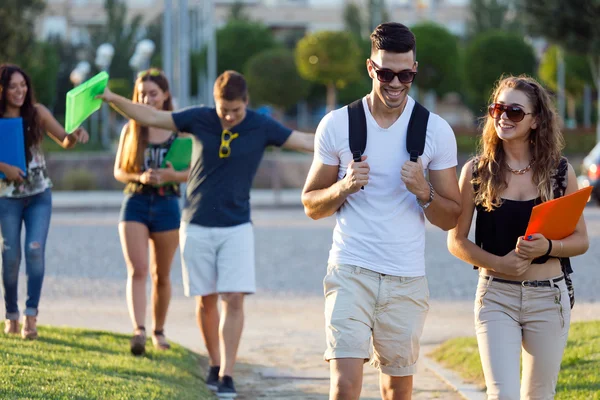 Eine Gruppe von Freunden, die sich nach dem Unterricht auf der Straße unterhalten — Stockfoto