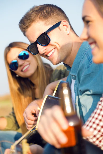 Retrato de grupo de amigos tocando guitarra e bebendo cerveja . — Fotografia de Stock