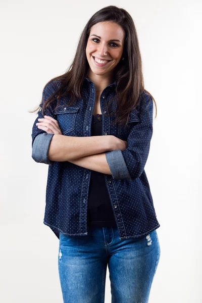 Mulher bonita olhando para a câmera. isolado em branco . — Fotografia de Stock