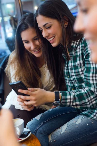 Drei junge Frauen benutzen Handy in Café-Geschäft. — Stockfoto