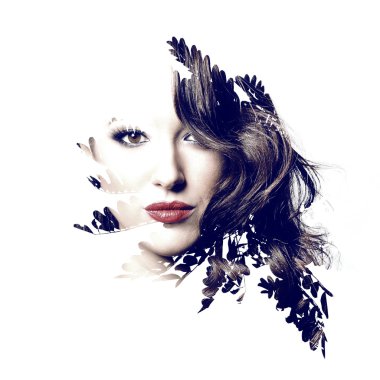 Double exposure of beautiful Caucasian woman  clipart