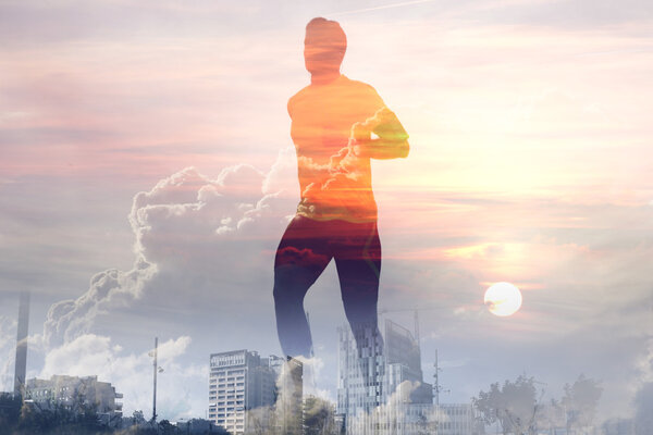 Double exposure of healthy young man running after work.