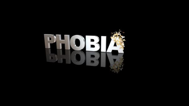 Phobia 3D tekst lost op in deeltjes — Stockvideo