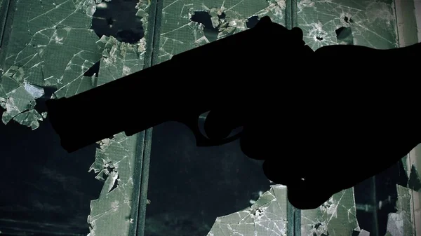 Gun silhouette against broken window crime concept