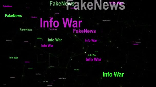 Info oorlog en fake nieuws tekst tegen abstracte beweging achtergrond — Stockvideo