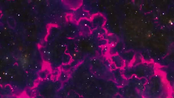 Volo nello spazio in un campo stellare tra nuvole galattiche e nebulose fulminee — Video Stock