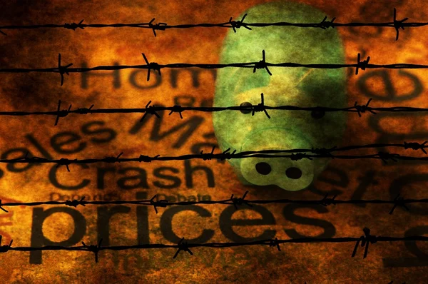 Piggy bank and prices text against barbwire — 图库照片