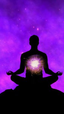 Renkli Enerji Alanı dikey videosunda Kozmik Aura ile Meditasyon Silueti