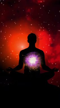 Renkli Enerji Alanı dikey videosunda Kozmik Aura ile Meditasyon Silueti