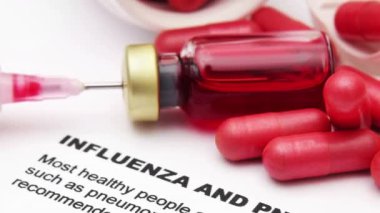 Grip ve zatürree farkındalığıyla ilişkili kırmızı hapların ve şırınganın tıbbi görüntüsü