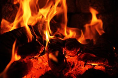 Şöminede yanan odunlar.
