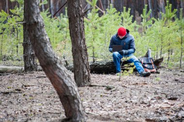 bir çam ormanı içinde seyahat adam