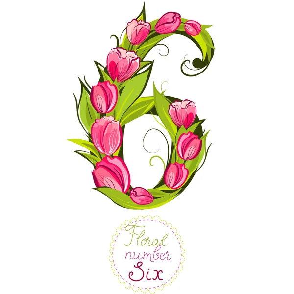 Número decorativo seis hecho con tulipanes — Archivo Imágenes Vectoriales