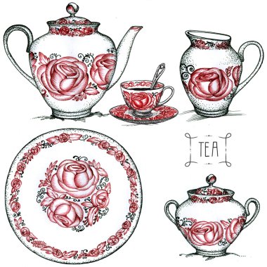 Çay seti sanat çizimleri