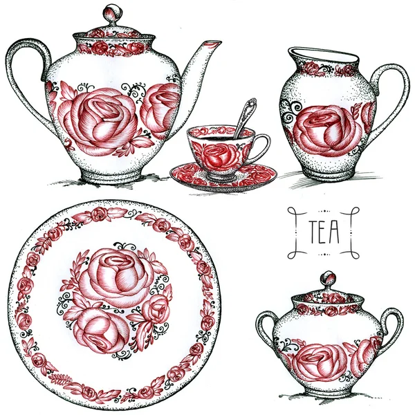 Tea set of art drawings