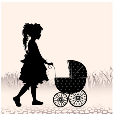Silhouette of girl with a stroller clipart