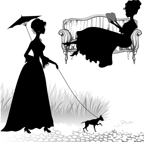 Silhouettes d'une fille avec un chien et une fille avec un livre — Image vectorielle