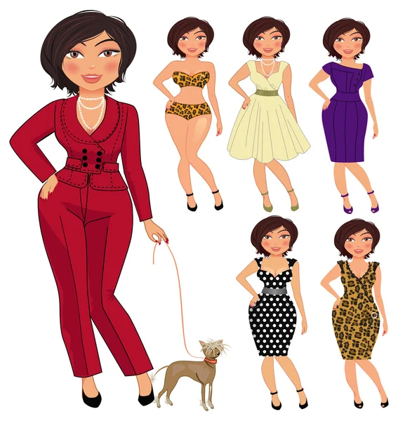 Mujer bonita en ropa diferente — Vector de stock