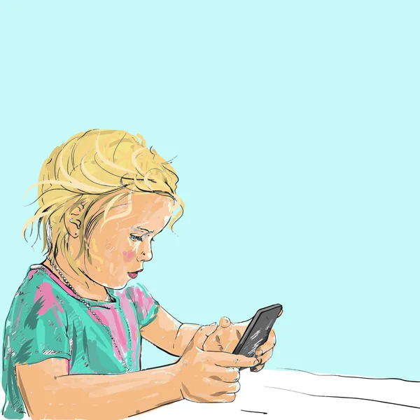 Niña sosteniendo smartphone — Vector de stock