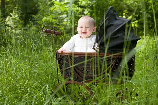 老式的婴儿车中的婴儿 — 图库照片