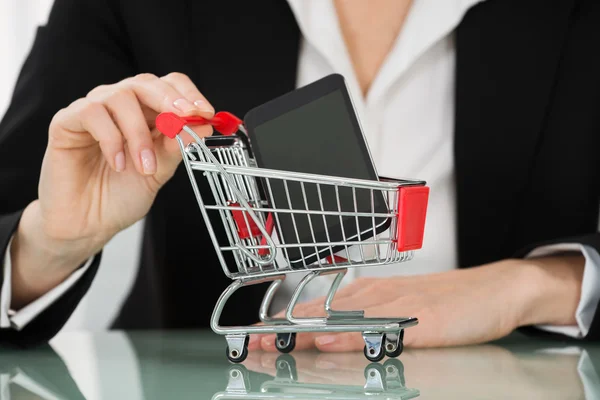 Geschäftsfrau hält Einkaufswagen in der Hand — Stockfoto