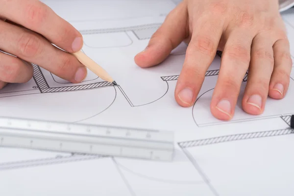 Architect Hand Working On Blueprint — Stock Photo, Image