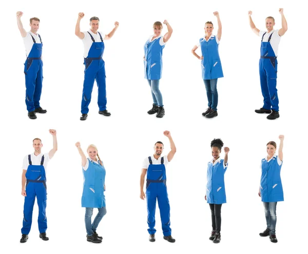 Collage Of Janitors Raising Arms — Stock Photo, Image