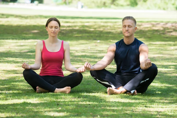 Coppia che fa yoga nel parco — Foto Stock