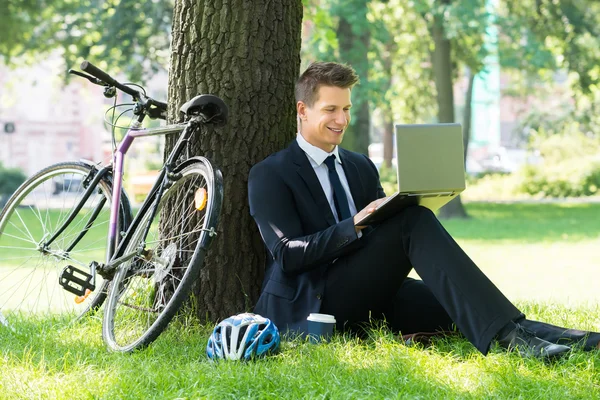 Üzletember használja laptop a parkban — Stock Fotó