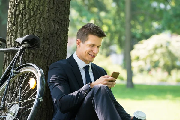 Homme d'affaires utilisant le téléphone portable dans le parc — Photo