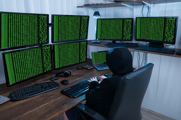 Junge stiehlt Informationen von mehreren Computern — Stockfoto