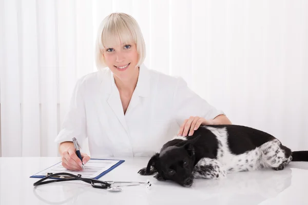 Жіночий ветеринарний рецепт написання собаки — стокове фото