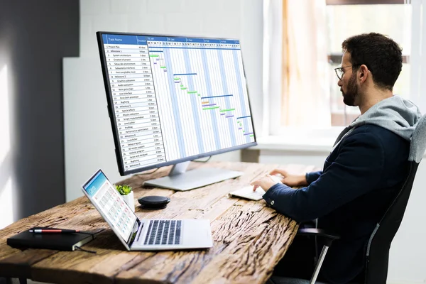 Business Laptop Desktop Computer Digitale Elektronische Gantt Grafiek — Stockfoto