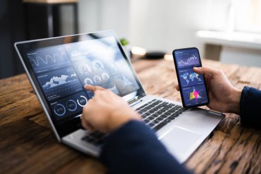 KPI İş Analitik Veri Kontrol Paneli. Analizci Bilgisayar Kullanıyor