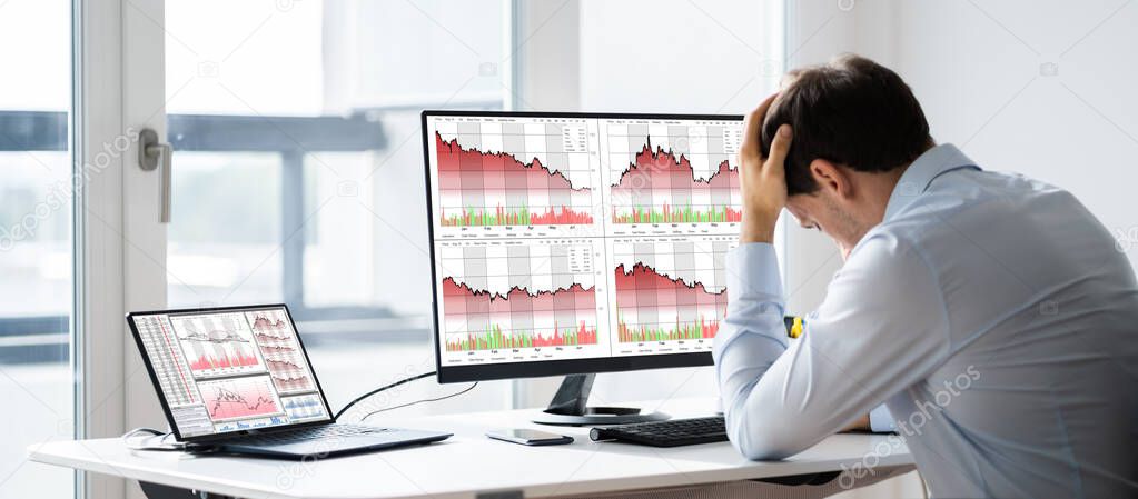 Financial Loss Data. Businessman With Stock Loss And Decrease Chart