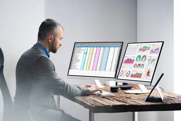 Financieel Analist Werkt Met Kpi Gegevens Computerscherm — Stockfoto