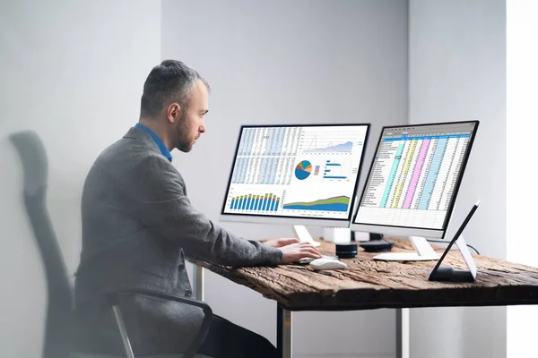 Analyst Mitarbeiter Arbeitet Mit Tabellenkalkulation Computer — Stockfoto