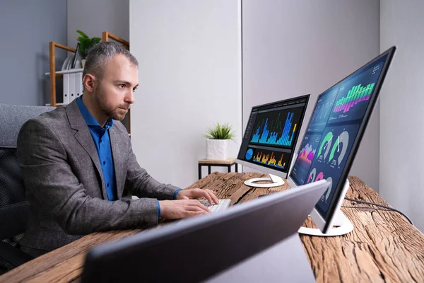 Financial Analyst Advisor Using Kpi Data Technology Desktop — Stock Photo, Image