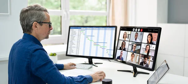 Business Video Conference Call Working Multiple Laptops — Stock Photo, Image