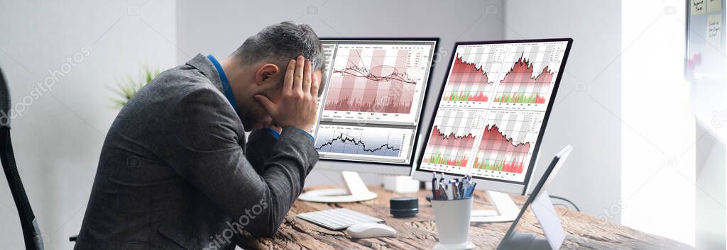 Financial Loss Data. Businessman With Stock Loss And Decrease Chart