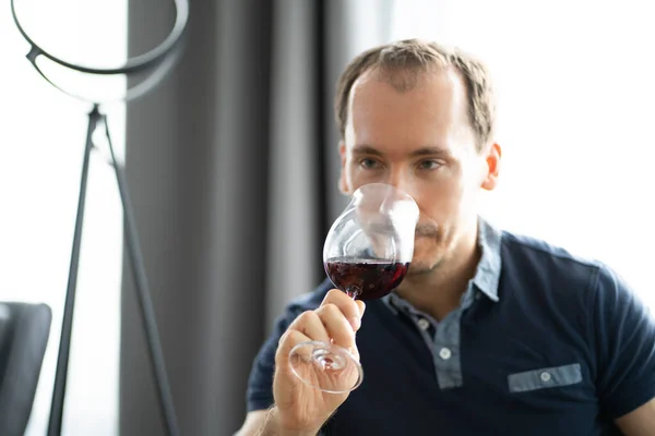 Man Drinking Wine Video Conference Home — Stock Photo, Image