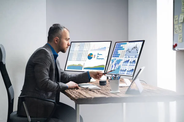 Financial Analyst Advisor Using Kpi Data Technology Desktop — Stock Photo, Image