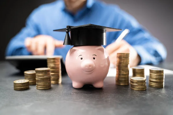 College Piggy Bank Med Examen Hatt Utbildning Piggybank — Stockfoto