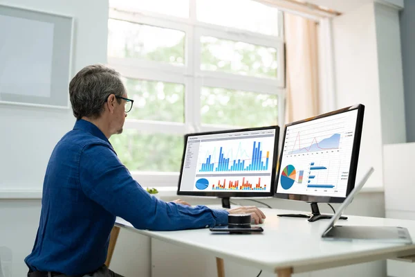 Datenanalytiker Mit Geschäftsdiagramm Auf Computerbildschirm — Stockfoto