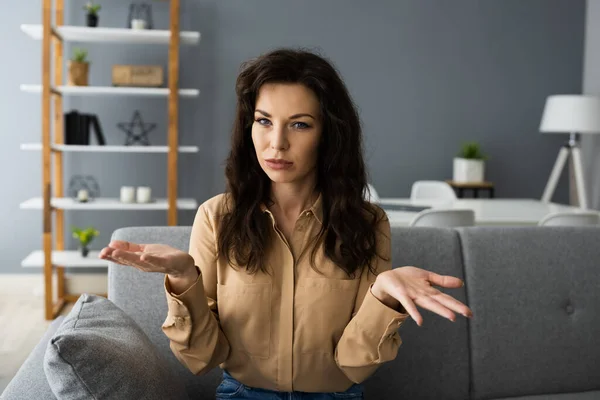 Praten Vrouw Videoconferentie Webinar Portret Thuis — Stockfoto