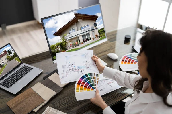 Diseñador Interiores Arquitecto Que Trabaja Con Boceto Paleta Colores —  Fotos de Stock