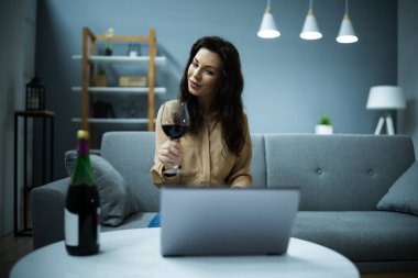 Sanal Şarap Tatma Akşam Yemeği Dizüstü Bilgisayarı Kullanıyor