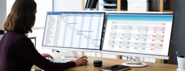 Gantt çizelgesinde çalışan iş kadını ofis masasındaki bilgisayarı kullanıyor.